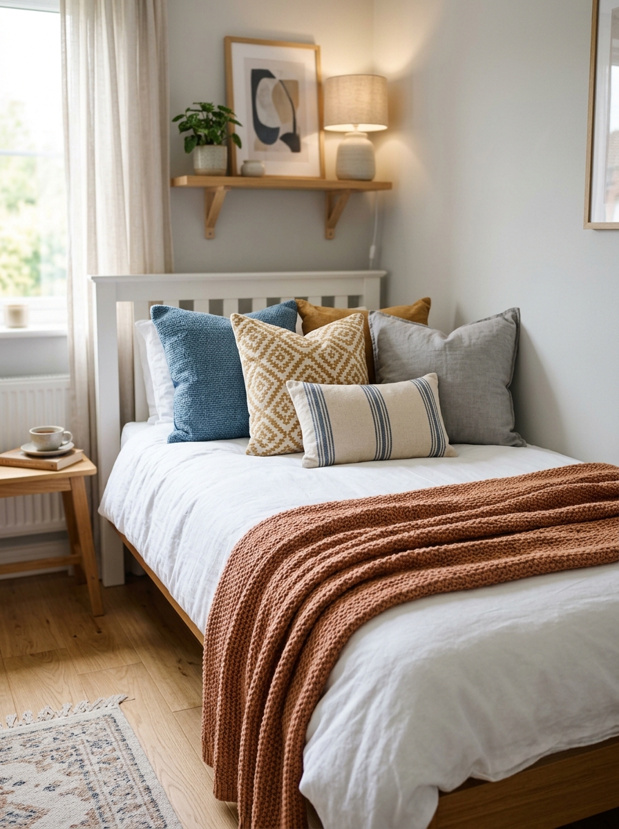 Bedroom bed with cushions blanket 202606292243